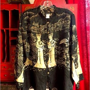 Citron Blouse Shirt Silk Asian Design Long Sleeve Button Up Size Medium